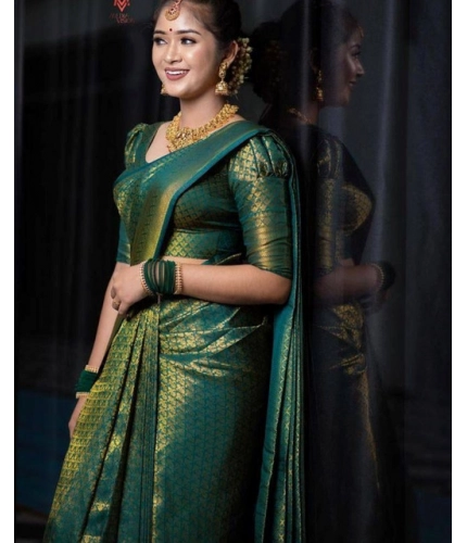 Generic Women's Soft Lichi Silk Printed Saree With Unstitched Blouse 5.5Mtr (Green)