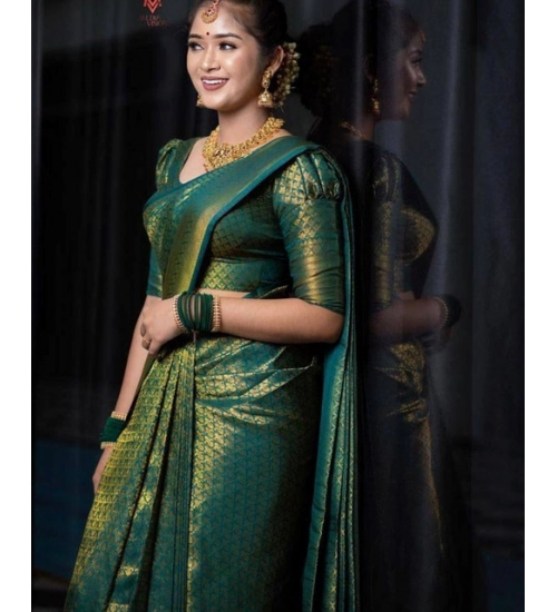 Generic Women's Soft Lichi Silk Printed Saree With Unstitched Blouse 5.5Mtr (Green)