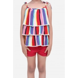 Generic Girl's Polyester Crepe Striped Tie Ups Shorts Set (Multicolor)