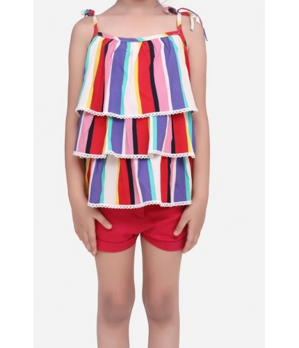 Generic Girl's Polyester Crepe Striped Tie Ups Shorts Set (Multicolor)