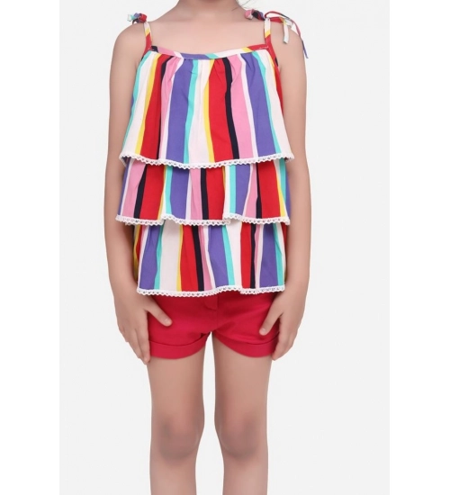 Generic Girl's Polyester Crepe Striped Tie Ups Shorts Set (Multicolor)