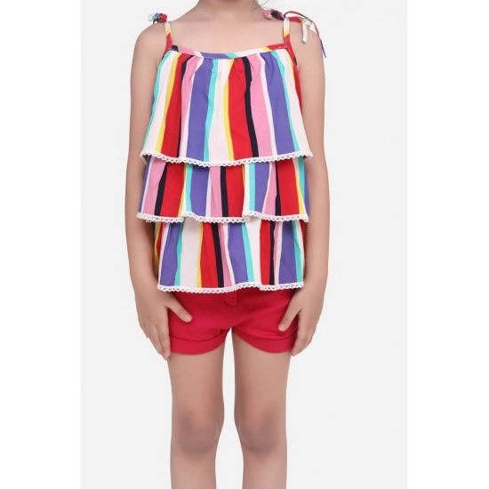 Generic Girl's Polyester Crepe Striped Tie Ups Shorts Set (Multicolor)
