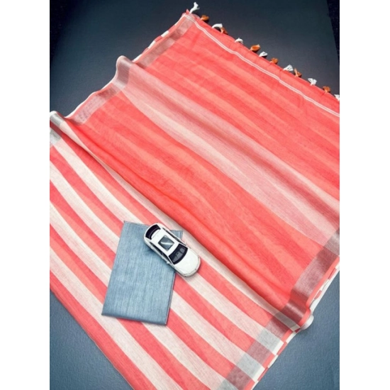 Generic Women's Linen Printed Saree With Unstitched Blouse 5.5Mtr (Multicolor)