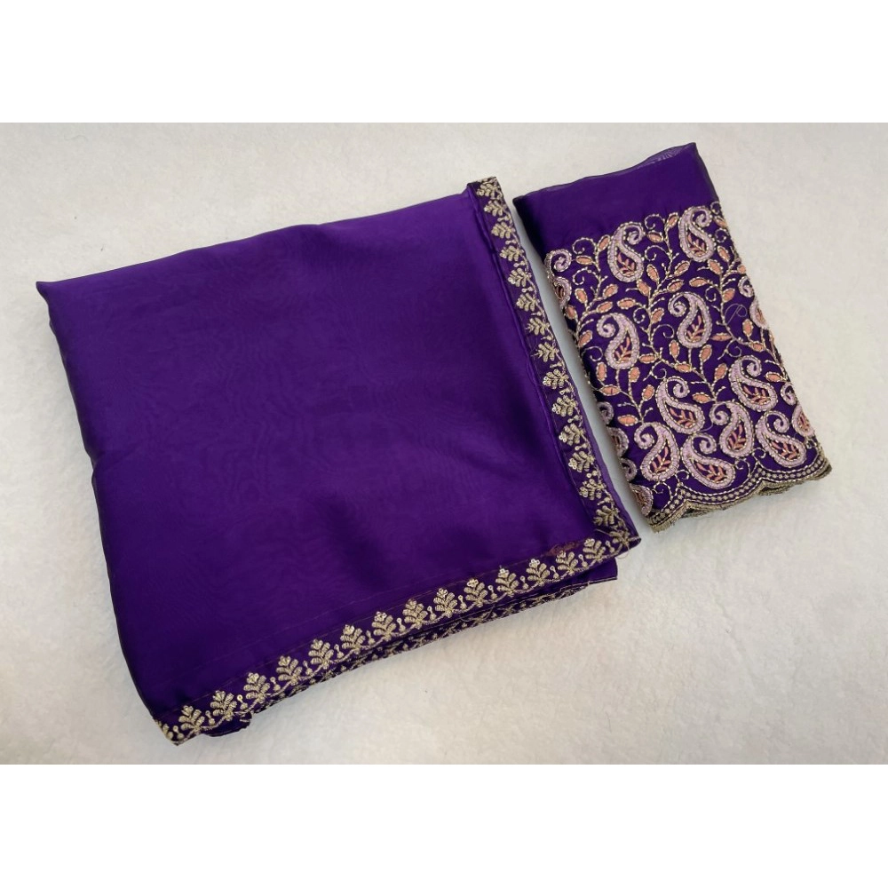 Generic Women's Chiffon Embroidered
 Saree With Unstitched Blouse 5.5Mtr�(Purple)