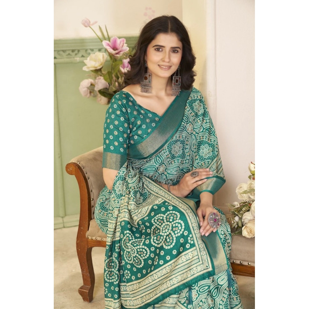 Women's Cotton Silk Floral Printed Saree With Unstitched Blouse 5.5Mtr (Teal)