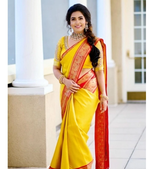 Generic Women's Soft Litchi Silk Jacquard Work Saree With Unstitched Blouse 5.5Mtr (Yellow)