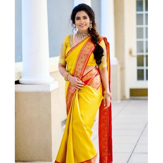 Generic Women's Soft Litchi Silk Jacquard Work Saree With Unstitched Blouse 5.5Mtr (Yellow) Generic Women's Soft Litchi Silk Jacquard Work Saree With Unstitched Blouse 5.5Mtr (Yellow)