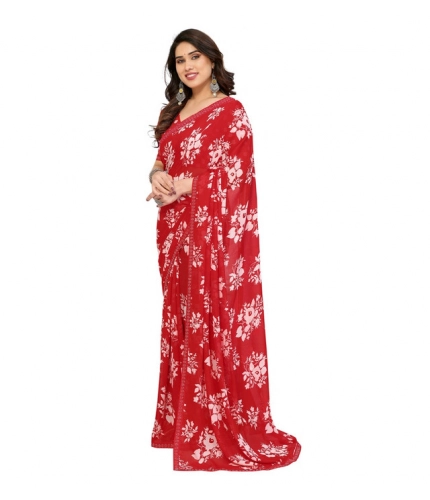 Generic Women's Georgette Printed Saree With Unstitched Blouse 5.5Mtr (Red)