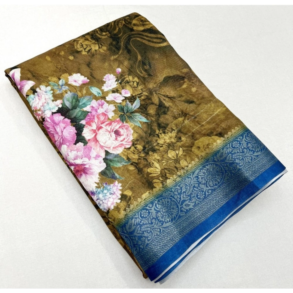 Generic Women's Cotton Blend Floral Printed Saree With Unstitched Blouse 5.5Mtr (Multicolor)