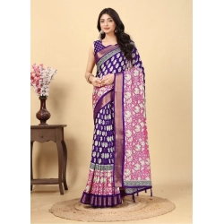 Generic Women's Cotton Blend Printed Saree With Unstitched Blouse 5.5Mtr (Purple)