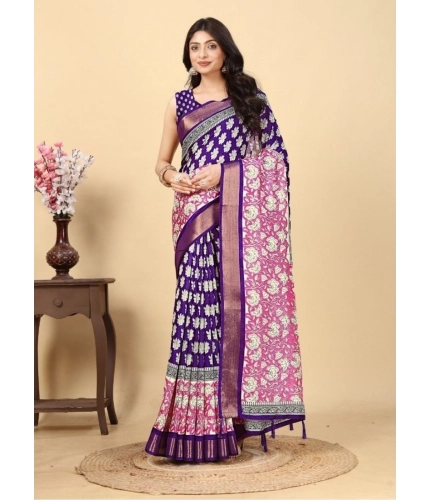 Generic Women's Cotton Blend Printed Saree With Unstitched Blouse 5.5Mtr (Purple)