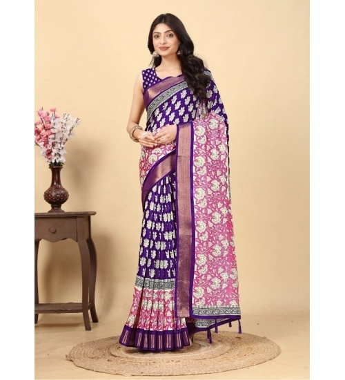 Generic Women's Cotton Blend Printed Saree With Unstitched Blouse 5.5Mtr (Purple)