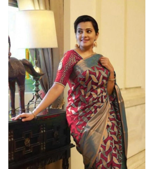 Generic Women's Litchi silk Printed Saree With Unstitched Blouse (Red)