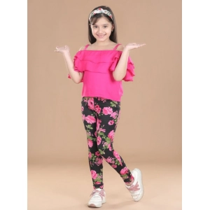Generic Girl's Cotton Lycra Floral Elasticated Jeggings (Black-Pink)