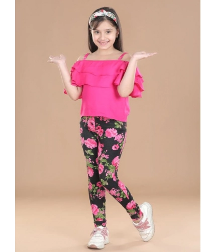 Generic Girl's Cotton Lycra Floral Elasticated Jeggings (Black-Pink)