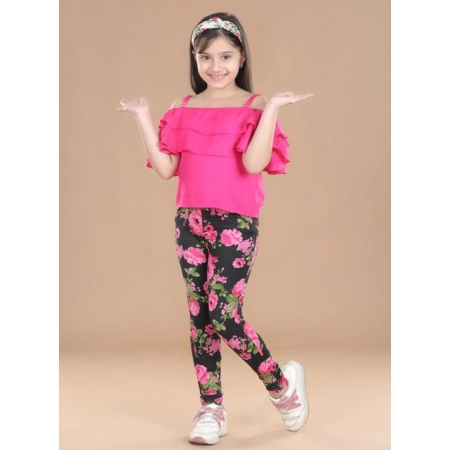 Generic Girl's Cotton Lycra Floral Elasticated Jeggings (Black-Pink)