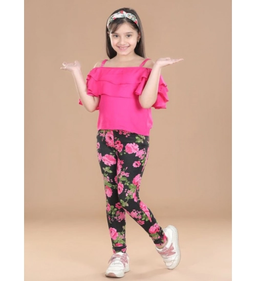 Generic Girl's Cotton Lycra Floral Elasticated Jeggings (Black-Pink)