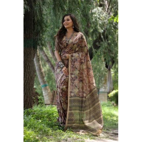 Generic Women's Faux_Tussar_Silk Abstract_Print Saree With Unstitched Blouse 5.5Mtr (Brown) Generic Women's Faux_Tussar_Silk Abstract_Print Saree With Unstitched Blouse 5.5Mtr (Brown)
