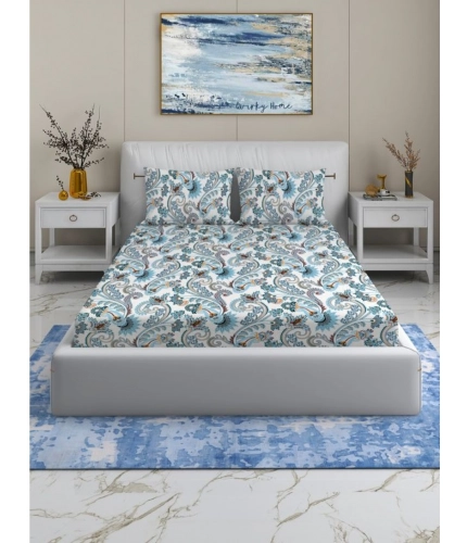 Generic Cotton Blend Floral Printed Double Bedsheet with 2 Pillow Covers (White)