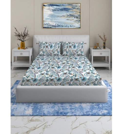 Generic Cotton Blend Floral Printed Double Bedsheet with 2 Pillow Covers (White)