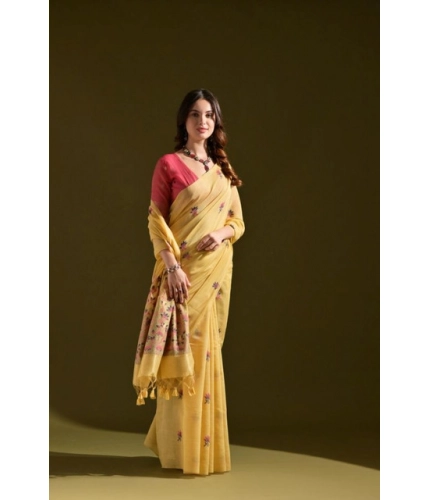 Generic Women's Blended_Cotton Floral Saree With Unstitched Blouse 5.5Mtr (Mustard)