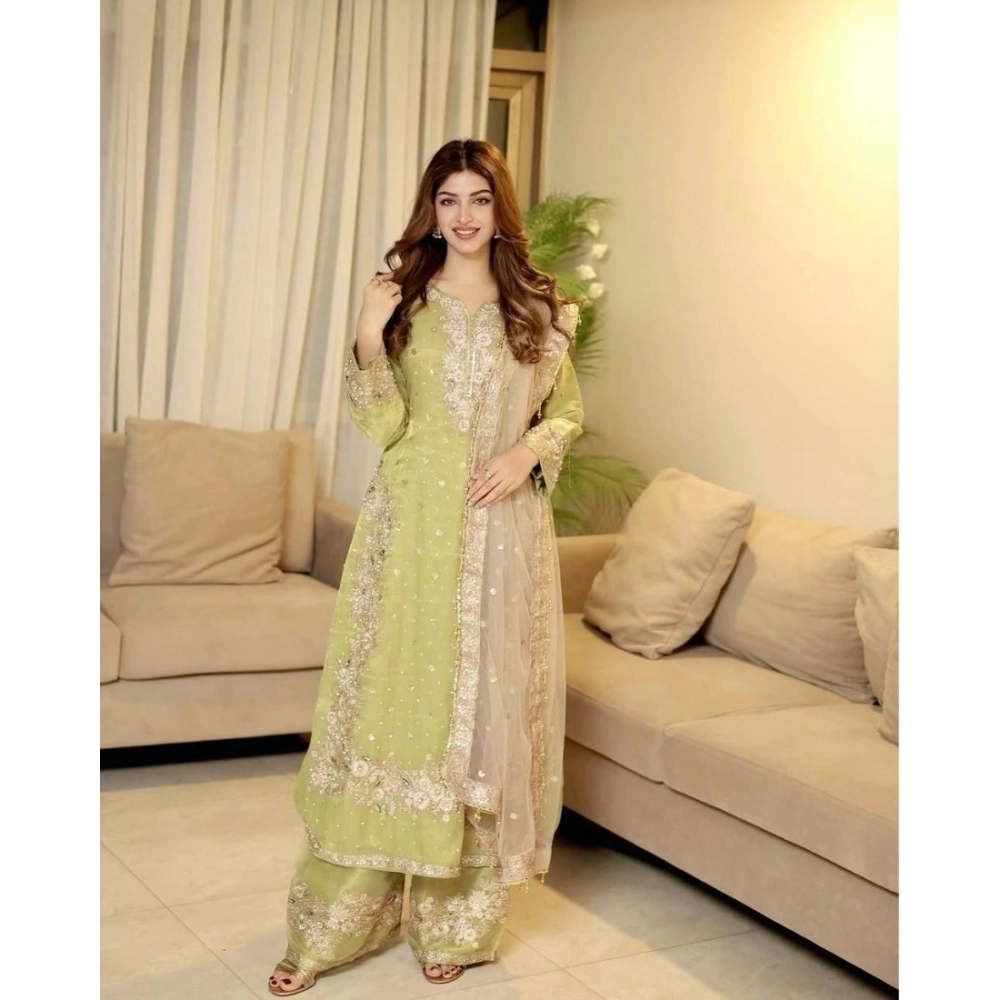Generic Women's Silk Embroidered 3/4th Sleeve Round Readymade Kurti With Palazzo Pant and Dupatta Set (Pista) Generic Women's Silk Embroidered 3/4th Sleeve Round Readymade Kurti With Palazzo Pant and Dupatta Set (Pista)