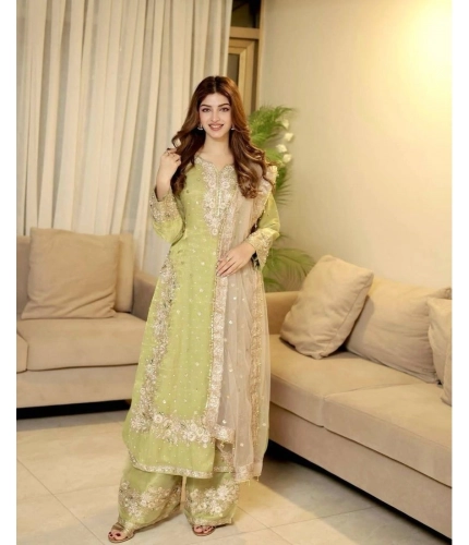 Generic Women's Silk Embroidered 3/4th Sleeve Round Readymade Kurti With Palazzo Pant and Dupatta Set (Pista)