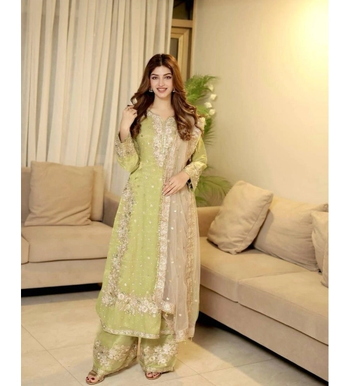Generic Women's Silk Embroidered 3/4th Sleeve Round Readymade Kurti With Palazzo Pant and Dupatta Set (Pista) Generic Women's Silk Embroidered 3/4th Sleeve Round Readymade Kurti With Palazzo Pant and Dupatta Set (Pista)