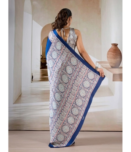 Generic Women's Satin Crepe Printed Saree With Unstitched Blouse 5.5Mtr (Blue)