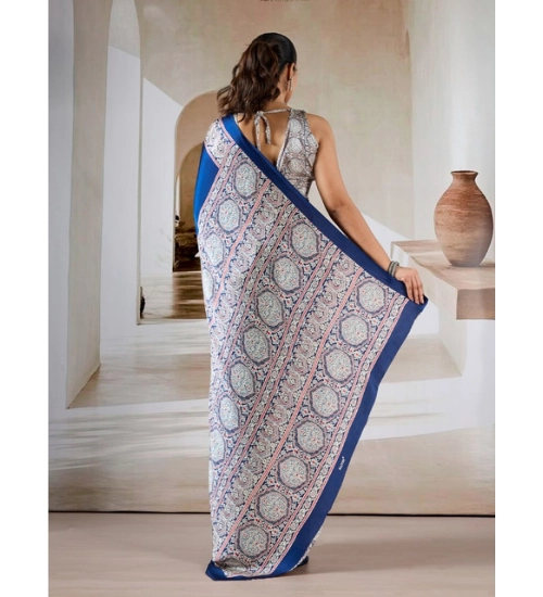 Generic Women's Satin Crepe Printed Saree With Unstitched Blouse 5.5Mtr (Blue)