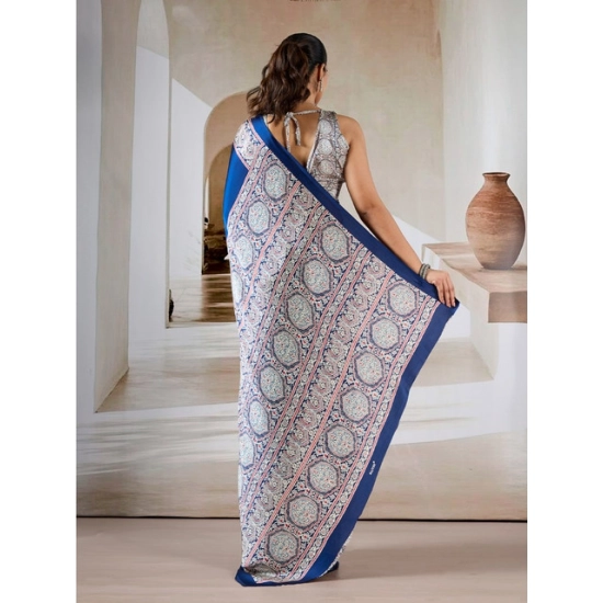 Generic Women's Satin Crepe Printed Saree With Unstitched Blouse 5.5Mtr (Blue)