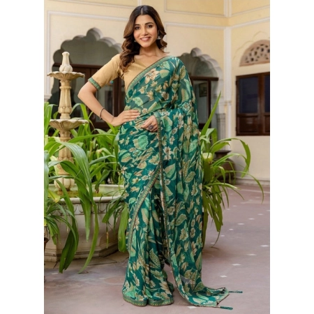 Generic Women's Georgette Floral Printed Saree With Unstitched Blouse 5.5Mtr (Green)