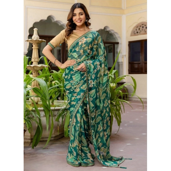 Generic Women's Georgette Floral Printed Saree With Unstitched Blouse 5.5Mtr (Green) Generic Women's Georgette Floral Printed Saree With Unstitched Blouse 5.5Mtr (Green)