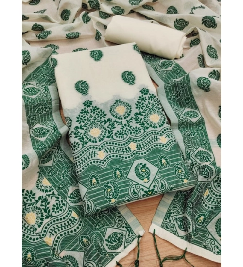 Generic Women's Banarasi Silk Printed Unstitched Salwar Suit Material With Dupatta (Bottle Green, 3Mtrs)