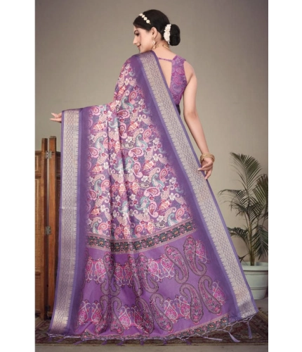 Generic Women's Cotton Silk  Printed Saree With Unstitched Blouse 5.5Mtr (Purple)