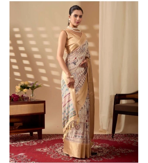 Generic Women's Faux_Silk Printed Saree With Unstitched Blouse 5.5Mtr (Beige) Generic Women's Faux_Silk Printed Saree With Unstitched Blouse 5.5Mtr (Beige)