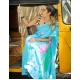 Generic Women's Linen Printed Saree With Unstitched Blouse 5.5Mtr (light Blue)