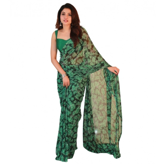 Generic Women's Georgette Floral Printed Saree With Unstitched Blouse 5.5Mtr (Black-Green)
