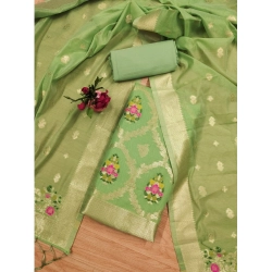 Generic Women's Banarasi Silk Printed Unstitched Salwar Suit Material With Dupatta (Pista, 3Mtrs)