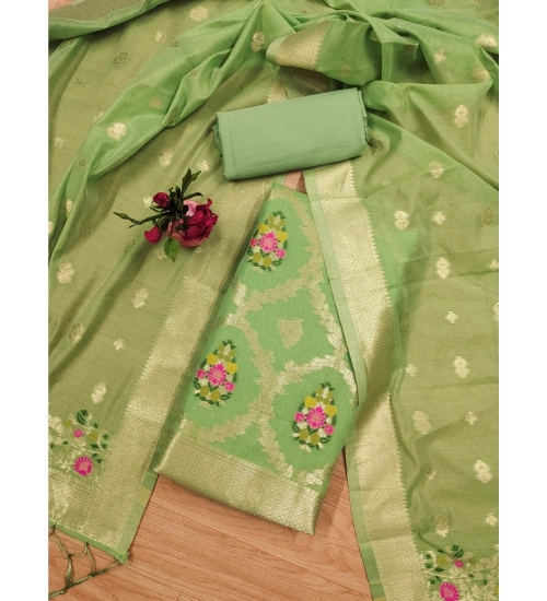Generic Women's Banarasi Silk Printed Unstitched Salwar Suit Material With Dupatta (Pista, 3Mtrs)
