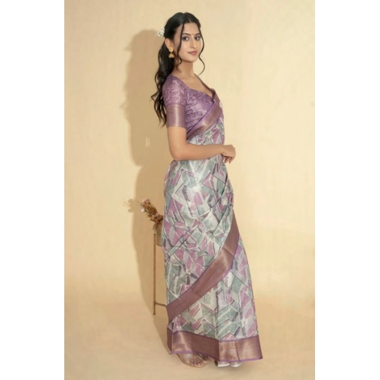 Generic Women's Polyester Printed Saree With Unstitched Blouse 5.5 Mtr (Light Purple)