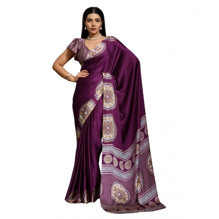 Women's Satin Crepe Printed Saree With Unstitched Blouse 5.5Mtr (Purple)