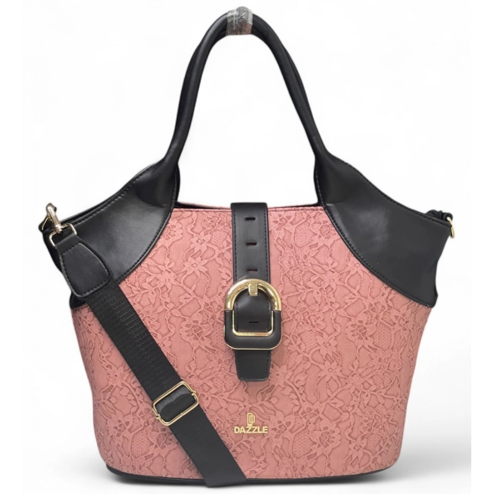 Generic Women's Polyurethane Textured Two-Tone Tote Handbag with Adjustable & Removable Strap (Pink)