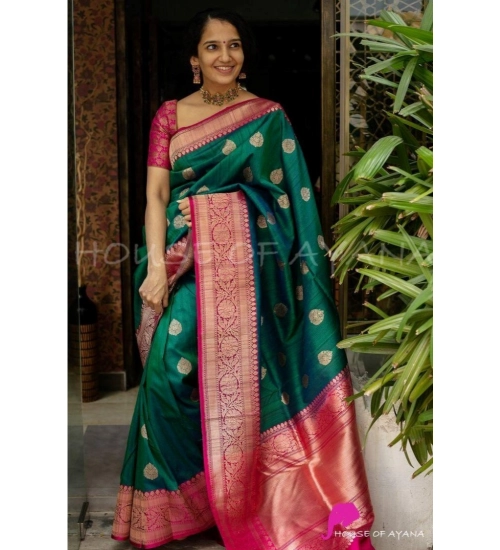 Generic Women's Soft Litchi Silk Jacquard Work Saree With Unstitched Blouse 5.5Mtr (Green)