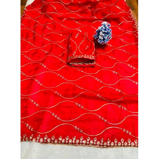 Generic Women's Slik Embellished Saree With Unstitched Blouse 5.5Mtr (Red)