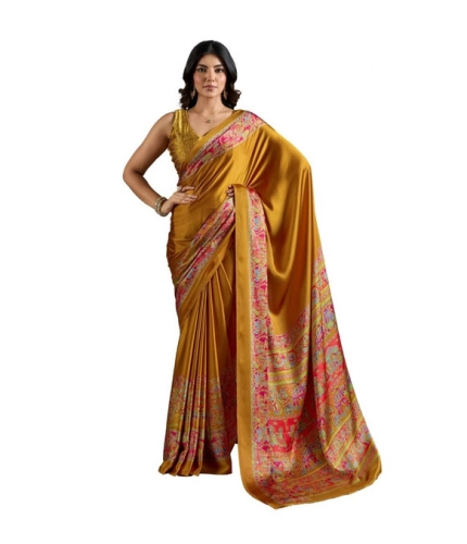Generic Women's Satin Crepe Printed Saree With Unstitched Blouse 5.5Mtr (Mustard)