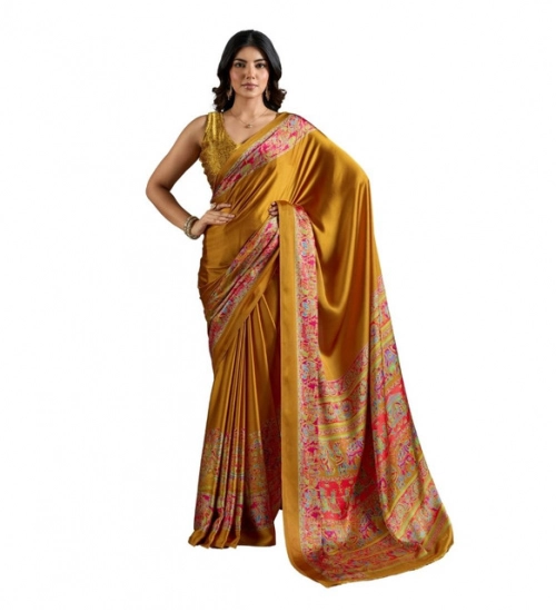 Generic Women's Satin Crepe Printed Saree With Unstitched Blouse 5.5Mtr (Mustard)