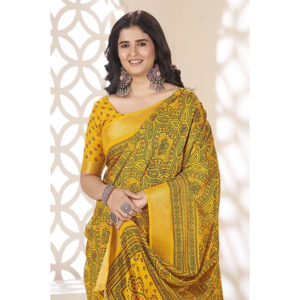 Women's Cotton Silk Floral Printed Saree With Unstitched Blouse 5.5Mtr (Yellow)