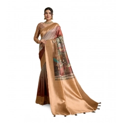 Generic Women's Silk Printed Saree With Unstitched Blouse 5.5Mtr (Brown)