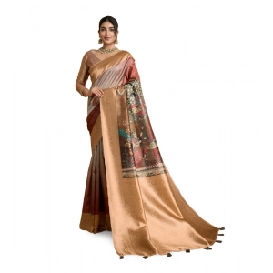 Generic Women's Silk Printed Saree With Unstitched Blouse 5.5Mtr (Brown)